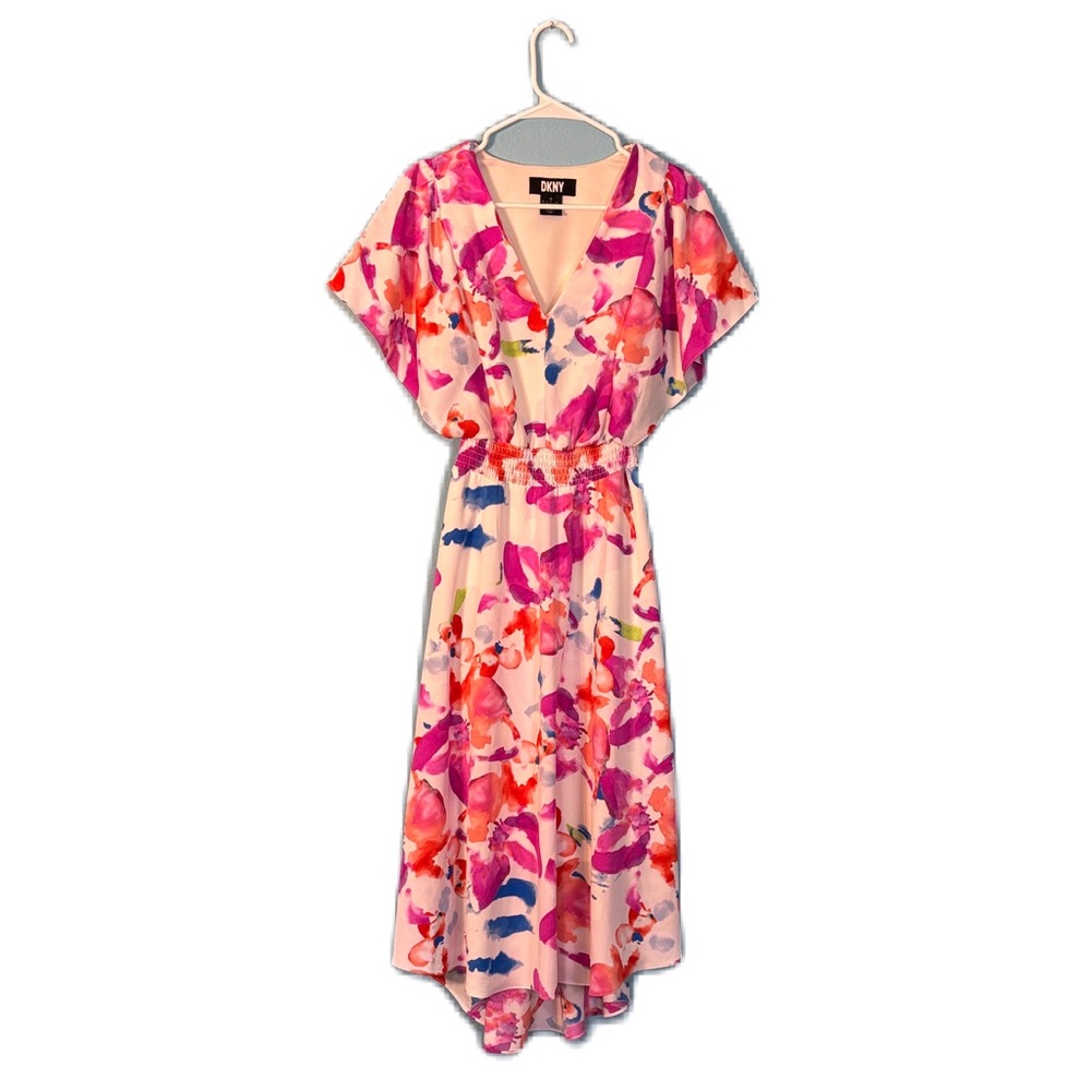 DKNY Vibrant Floral High Low Smocked Waist V Neck Flutter Sleeve Floral Dress 2 - Picture 1 of 10